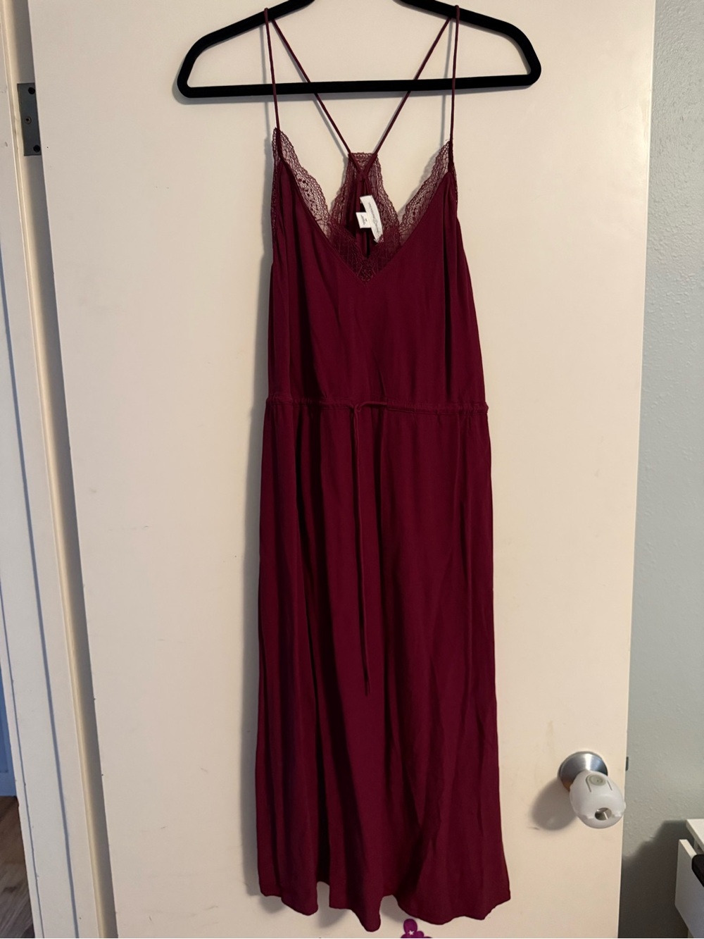 Treasure & Bond Lace-Trim Spaghetti Strap Maxi Dress in Burgundy